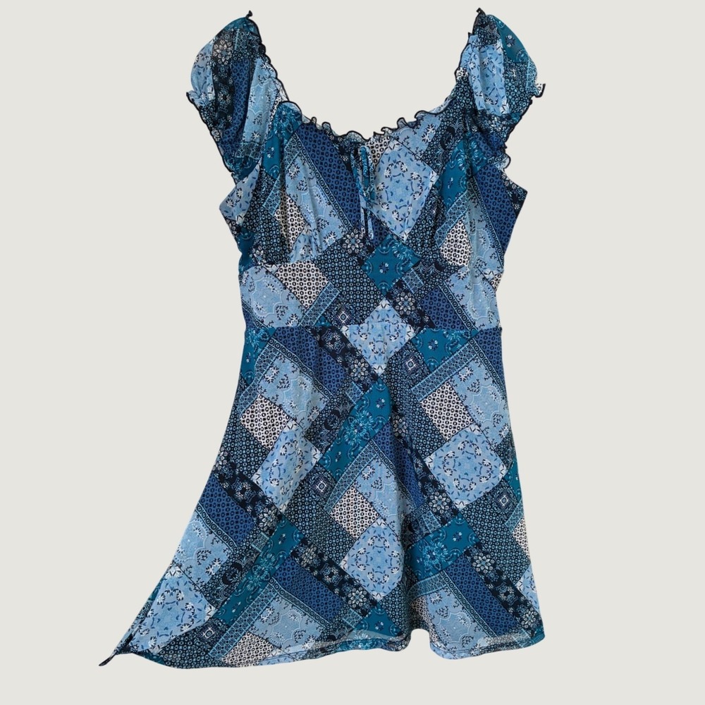 Blue Babydoll Patchwork Mesh Mini Dress XXL Sweetheart Neck Y2K Style